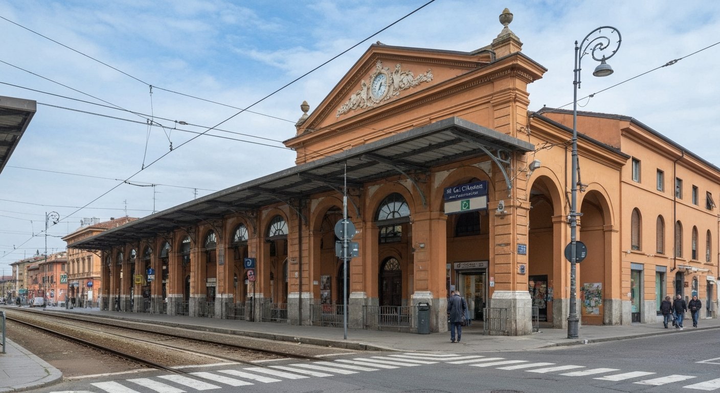 the Via de' Carracci exit from Bologna Centrale opening onto Bolognina, with the rail approaches and low residential blocks just beyond the station