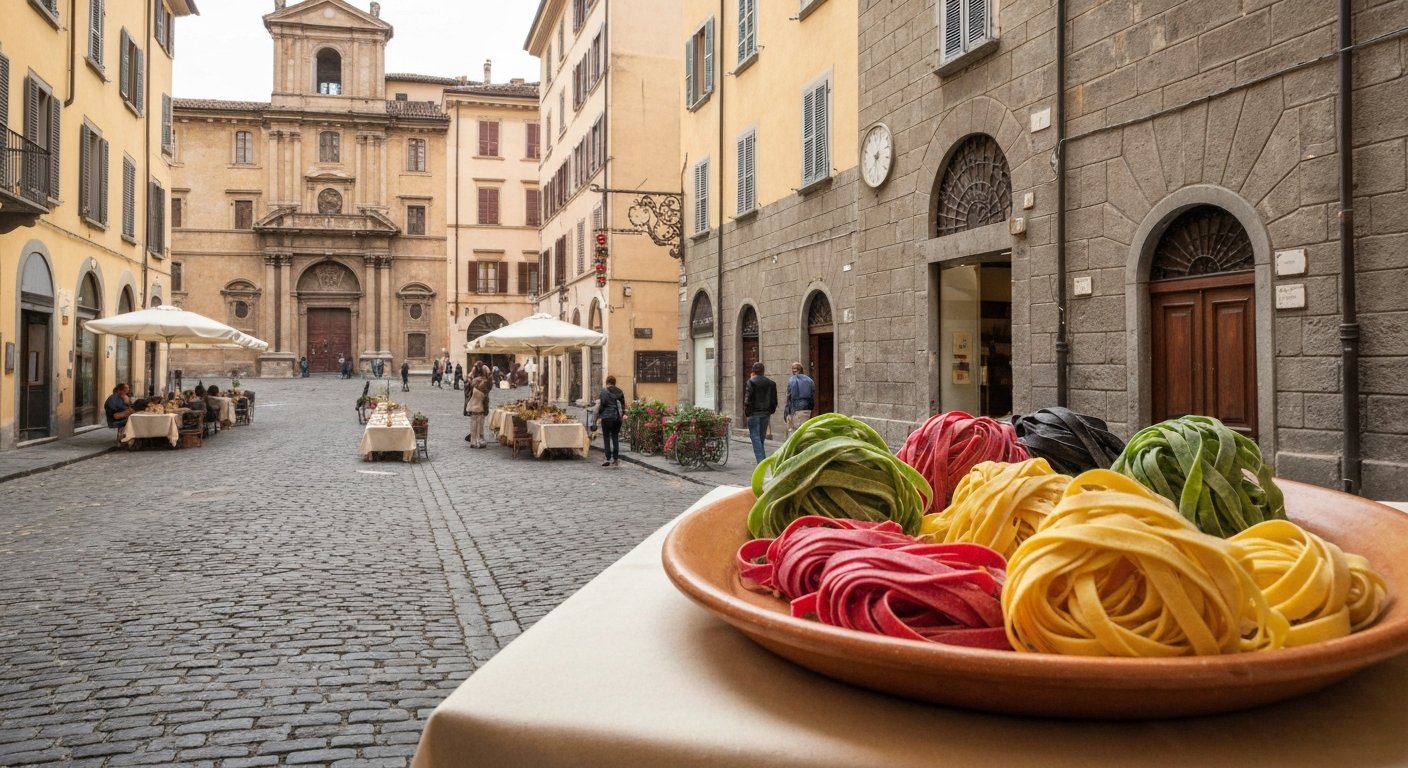 handmade coloured fresh pasta at I Mattarelli, mattarello-rolled ribbons in green, red, yellow and black on a rustic plate