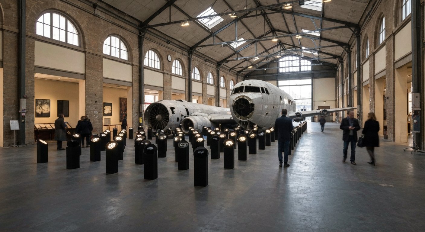 the Museo per la Memoria di Ustica interior, the reconstructed DC-9 wreck surrounded by Boltanski’s 81 lights and 81 black mirrors in a former tram depot