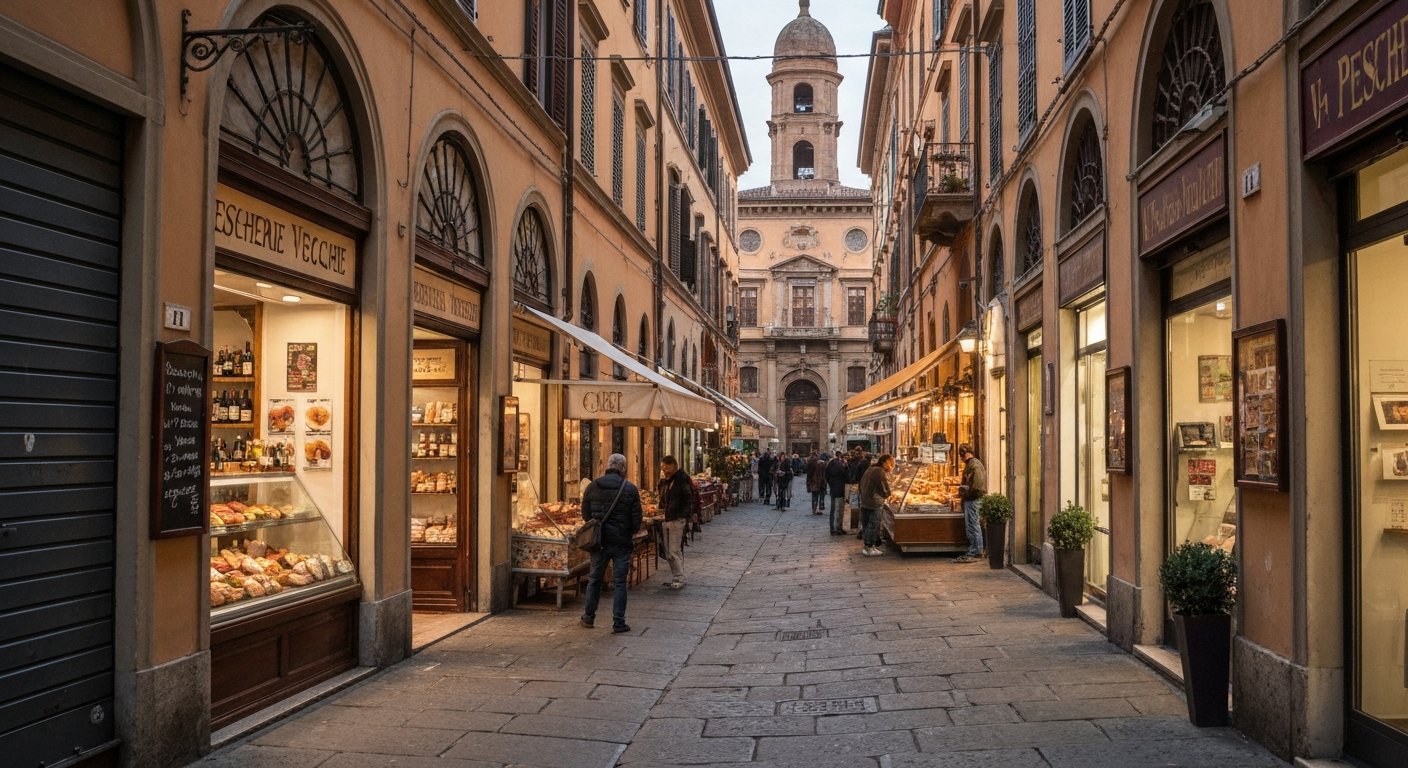 Via Pescherie Vecchie in the late afternoon, deli counters and old shopfronts crowded into a narrow Bologna lane as the aperitivo hour begins