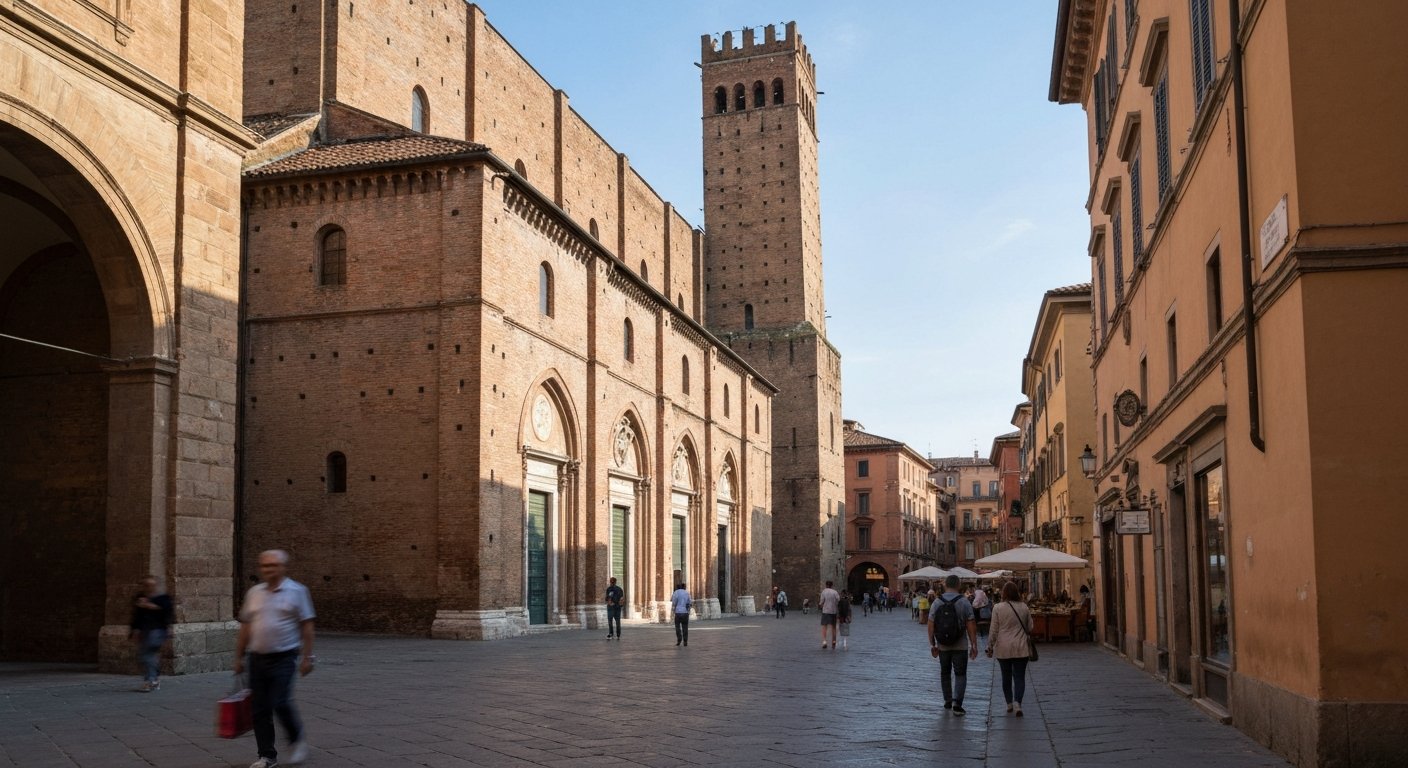 San Petronio’s unfinished brick façade seen from Piazza Maggiore, with the market lanes just behind and afternoon light on the stone