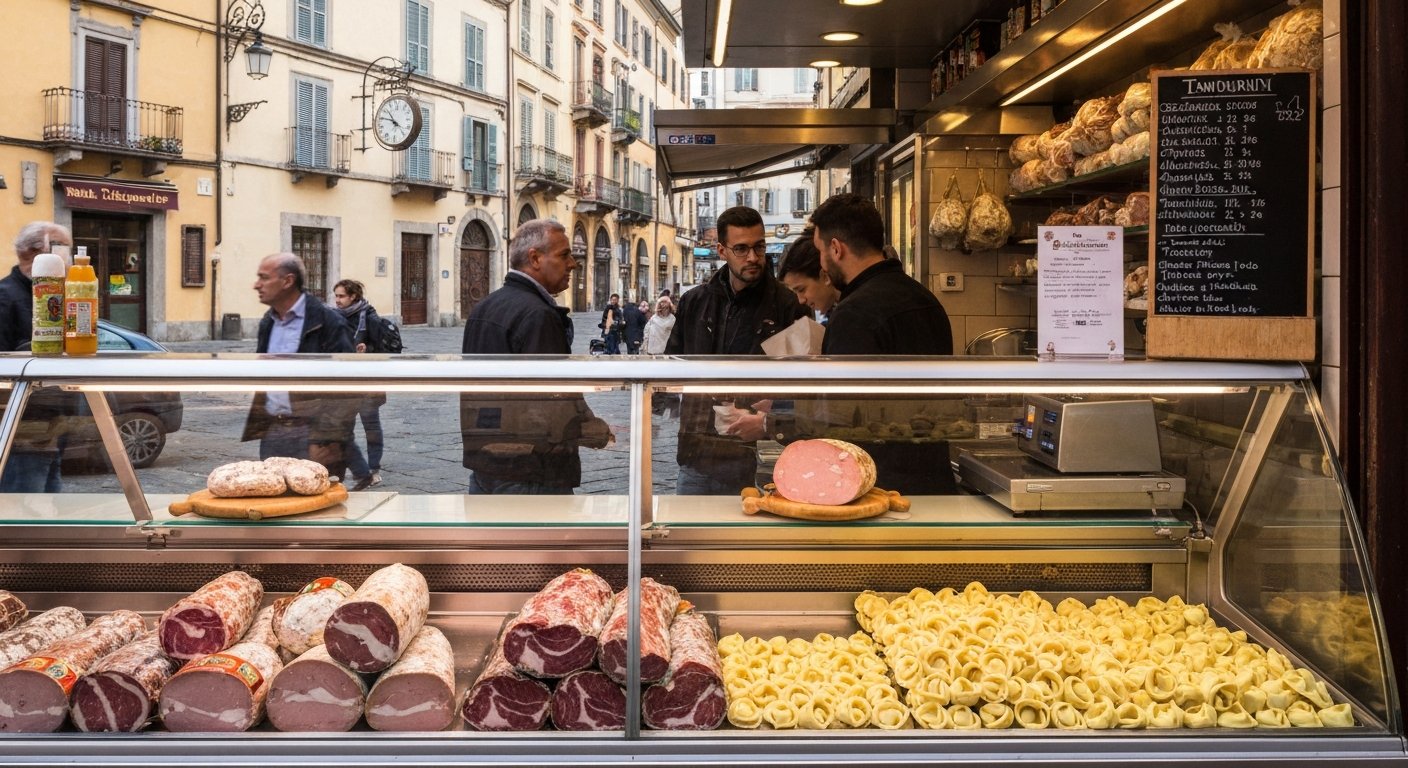 the glass salumi counter at Tamburini on Via Caprarie, with mortadella, culatello and tortellini arranged under bright deli lights