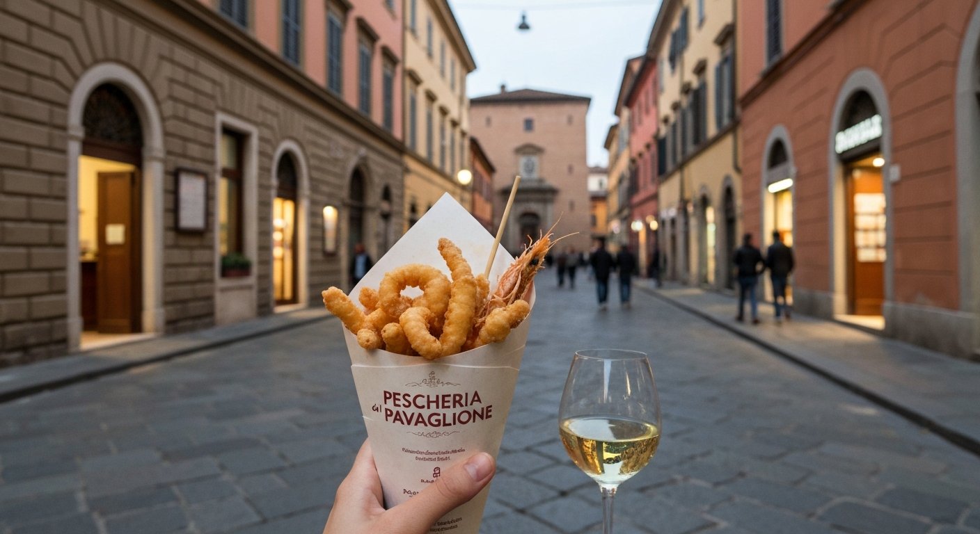 a paper cone of fried seafood aperifish from Pescheria del Pavaglione, held in the lane at dusk with white wine nearby