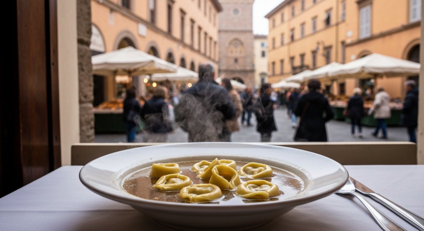 a bowl of tortellini in brodo at Sfoglia Rina, steam rising over the broth with the busy market just beyond the window