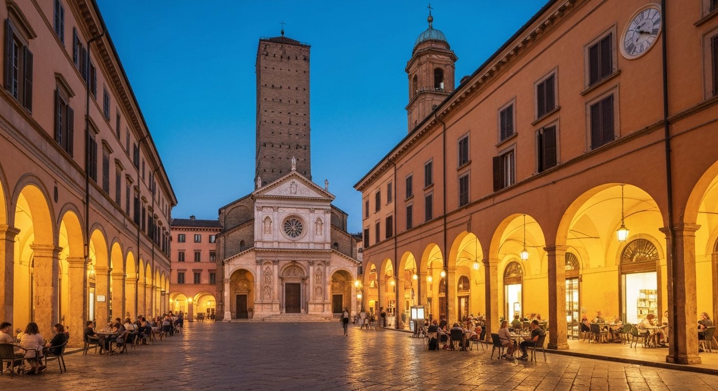 Piazza Santo Stefano at dusk with the triangular square, the Basilica di Santo Stefano on the short side, and porticoes glowing gold as people sit at café tables