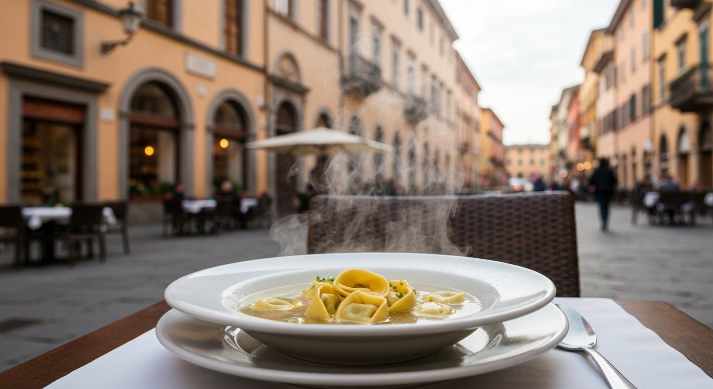 a bowl of tortellini in brodo at Sfoglia Rina, steam rising over a simple white plate with fresh pasta visible beneath the broth