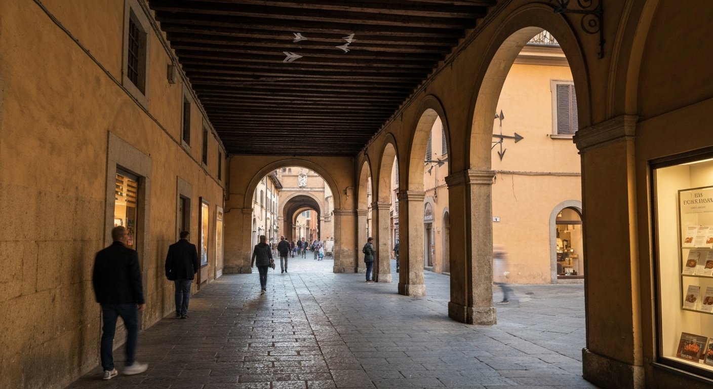 the interior passage of Corte Isolani looking toward Strada Maggiore, with the 13th-century oak portico beams and the three arrows visible overhead