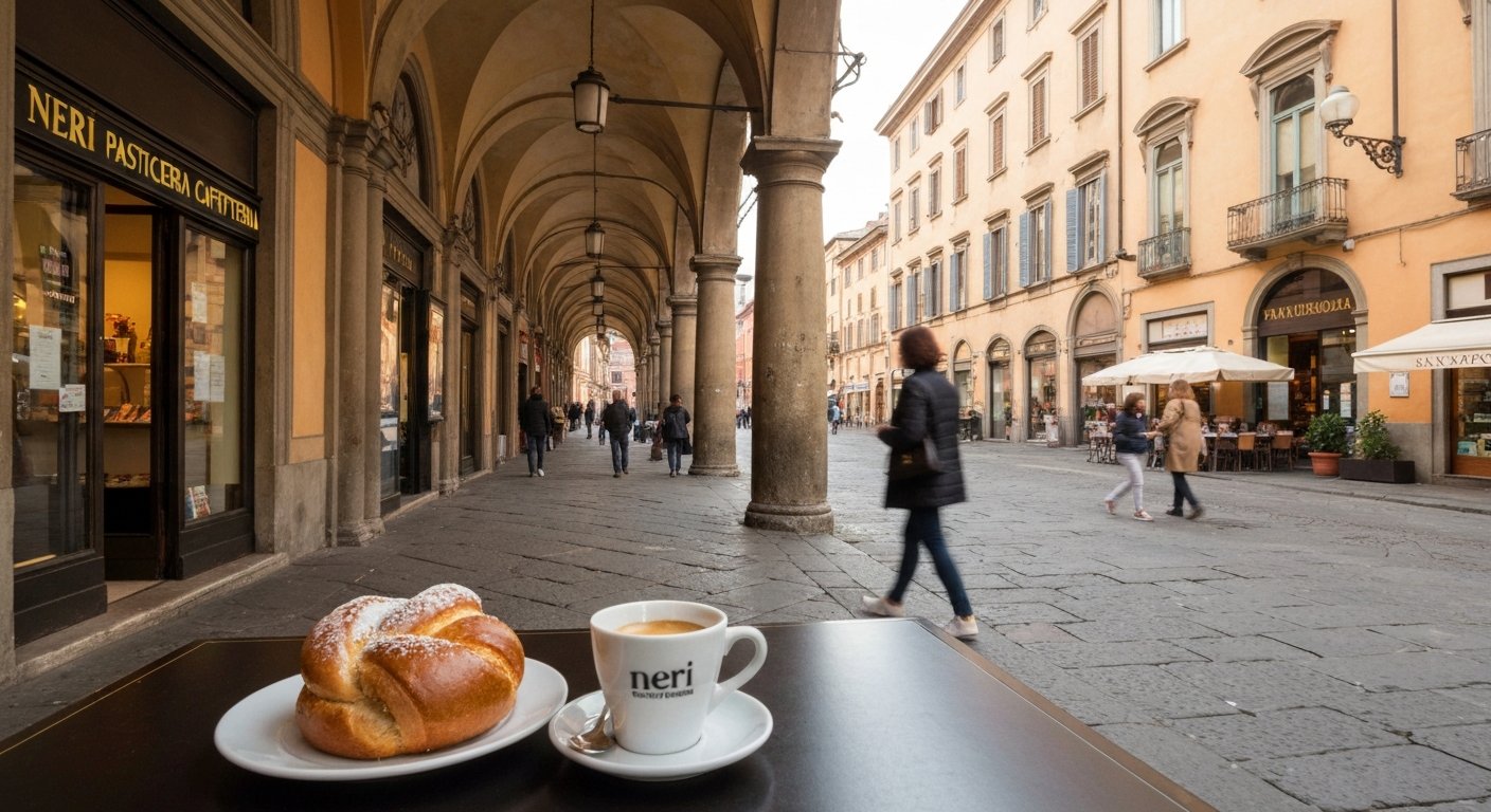 a brioche and espresso at Neri Pasticceria Caffetteria under Via Saragozza’s arcade, morning light and passing locals