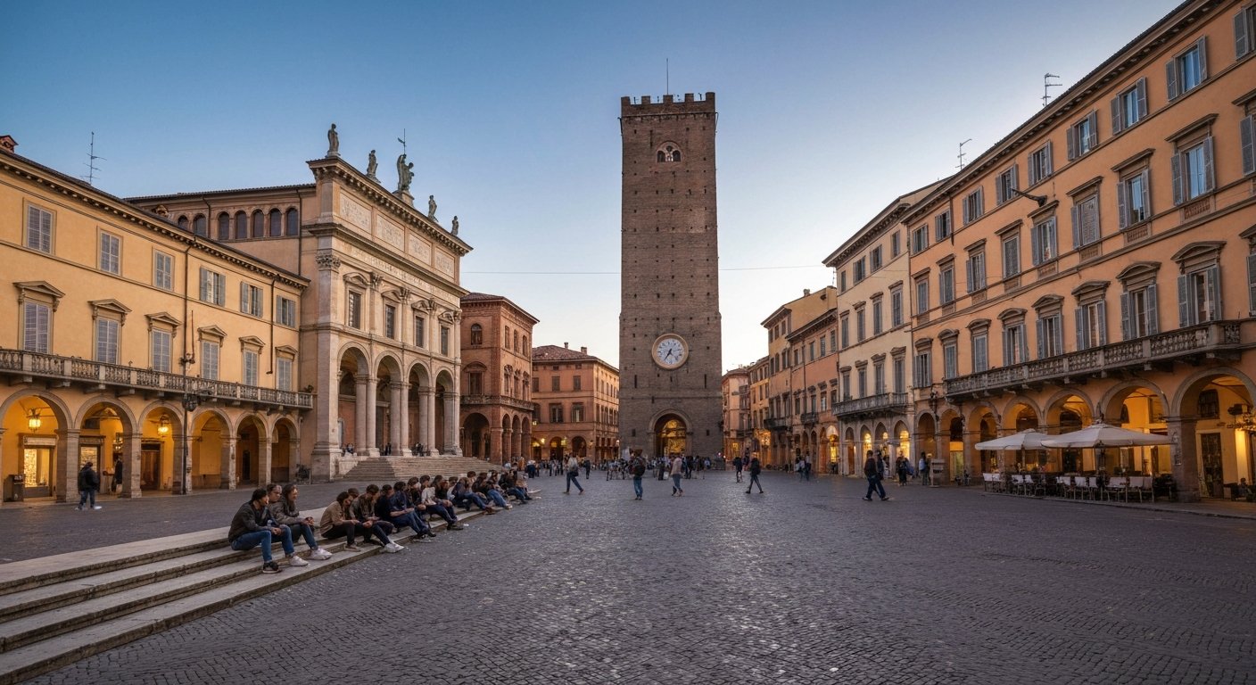 Piazza Verdi in Bologna at dusk, students sitting on the steps in front of the Teatro Comunale, porticoes and faculty buildings framing the square