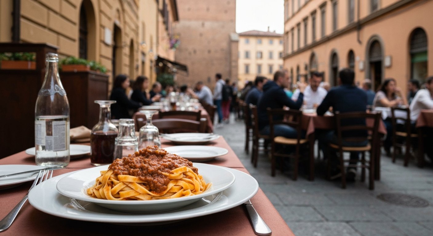 tagliatelle al ragù served at Osteria dell'Orsa on a simple plate, communal table setting and busy student trattoria atmosphere in Bologna
