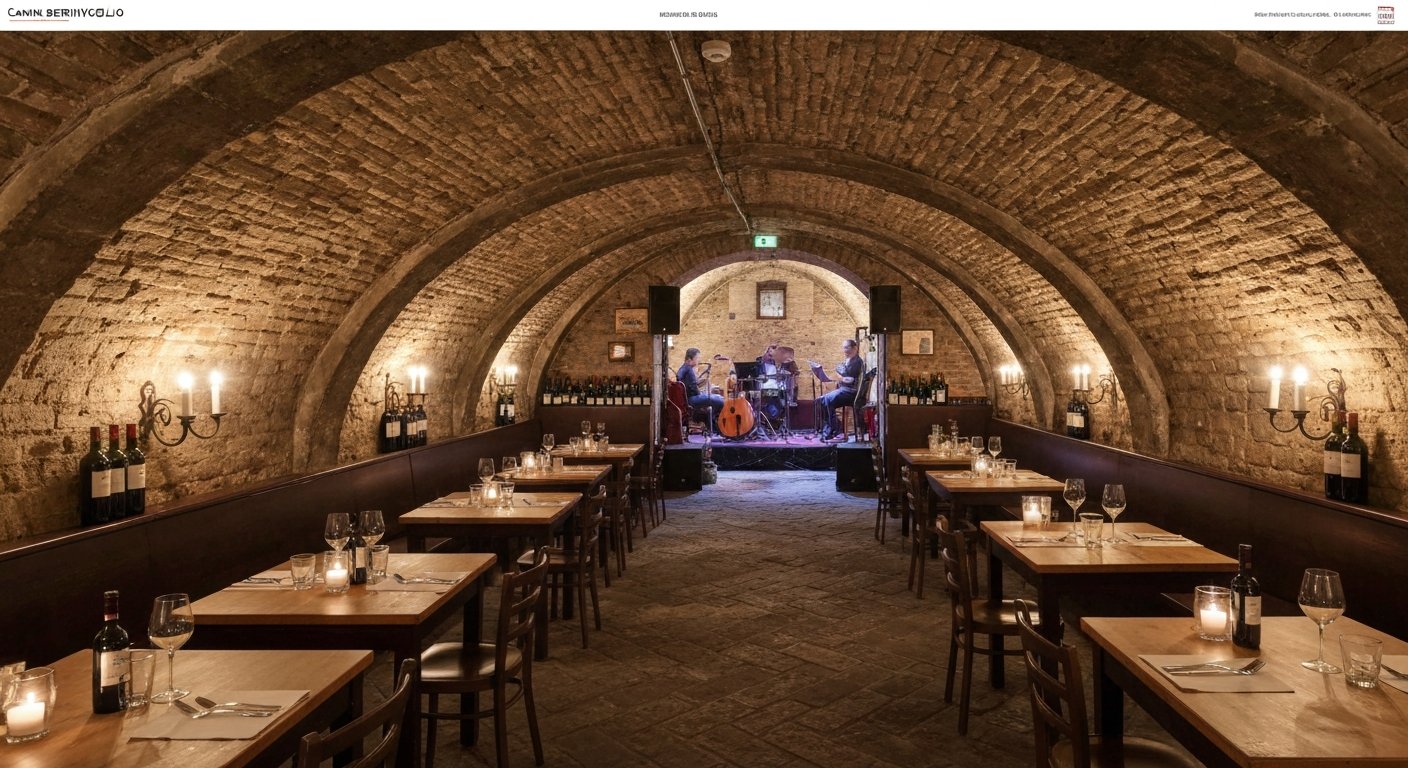the candlelit cellar interior of Cantina Bentivoglio on Via Mascarella, small jazz stage, tables, and wine bottles in a Renaissance vaulted room