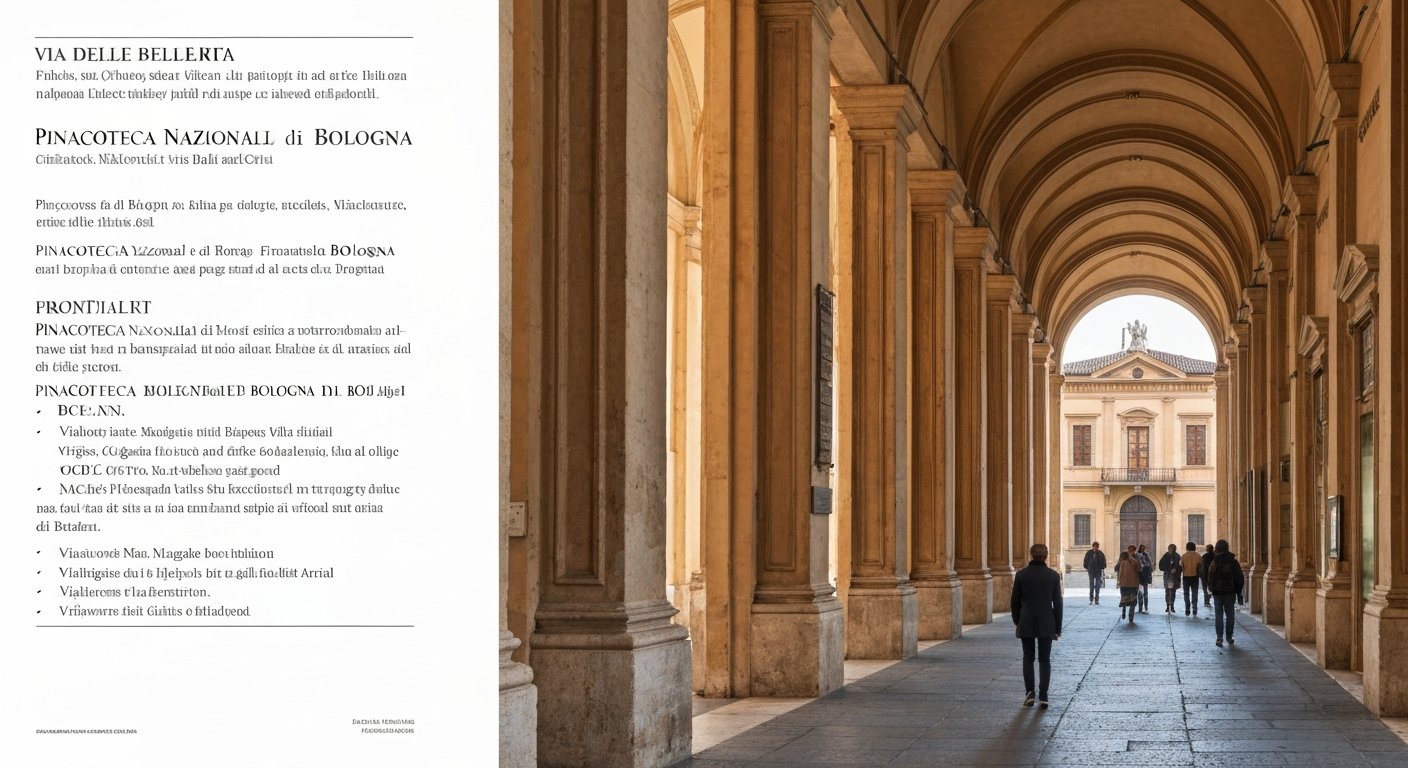 the exterior entrance of Pinacoteca Nazionale di Bologna on Via delle Belle Arti, with porticoes and museum signage in soft daylight