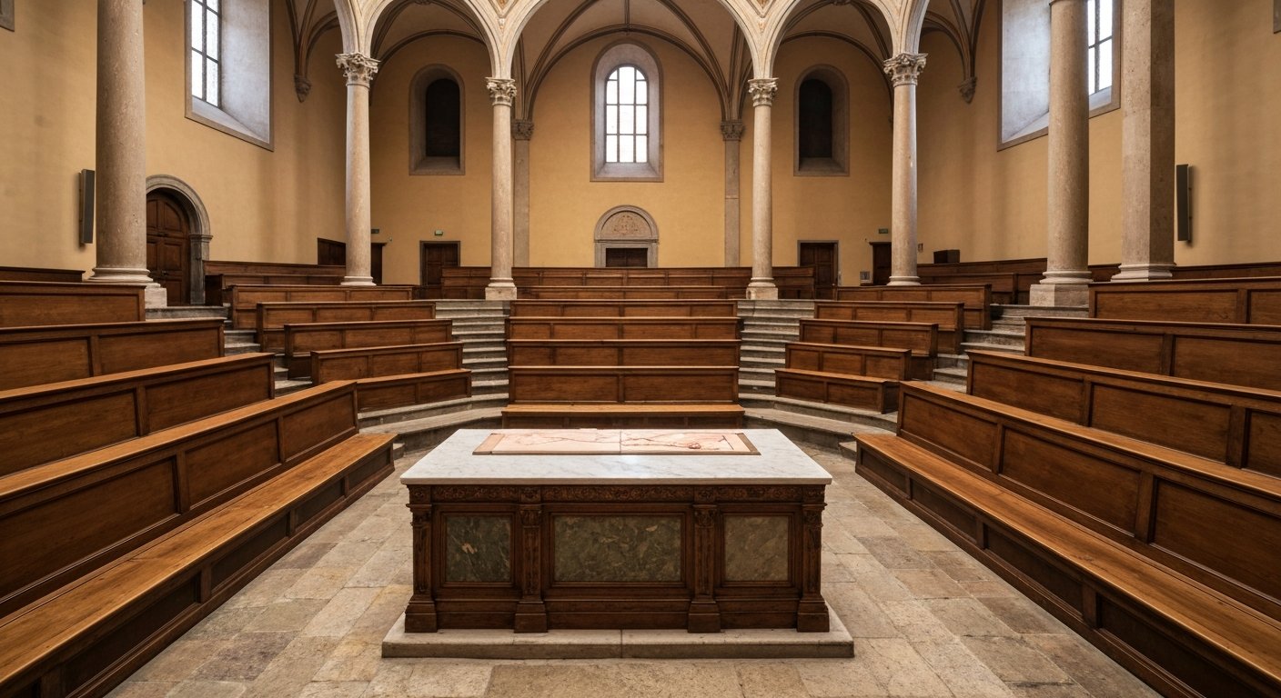 the spruce-carved Anatomical Theatre inside the Archiginnasio, tiered wooden benches surrounding the marble dissection table under warm light