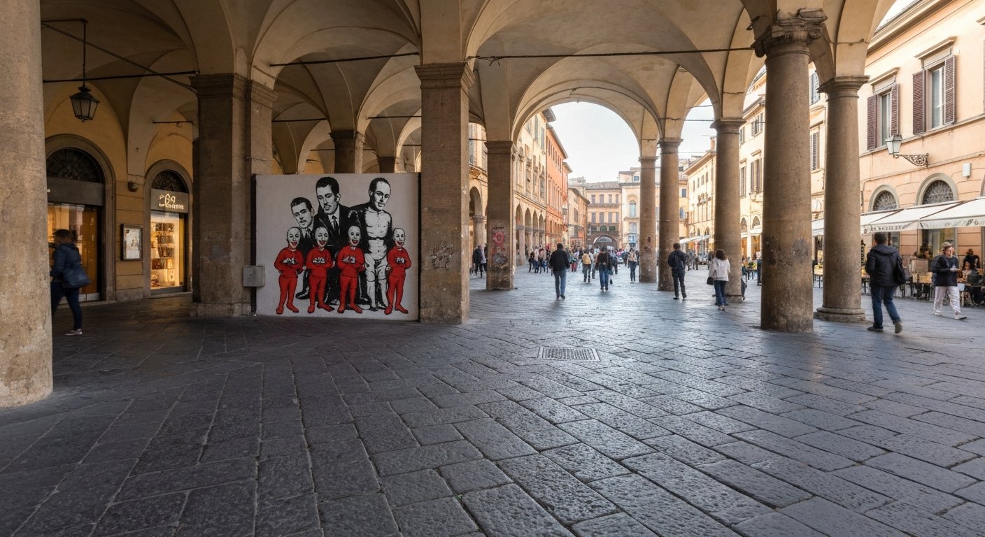 Arti Povere Pratello-muraler på Via del Pratello, med et skarpt svart-hvitt Mp5-stykke og rød-munnbind-figurer under Bolognas portikoer i sent ettermiddagslys