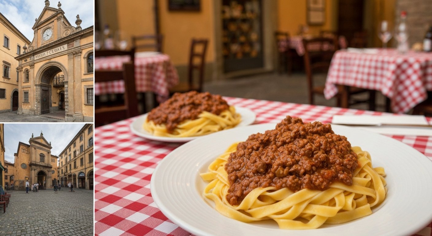 en tallerken med håndrullede tagliatelle al ragù på Trattoria Fantoni, rød-hvitt rutete duk, trykk-linede vegger og nærbilde av den blanke kjøttsausen