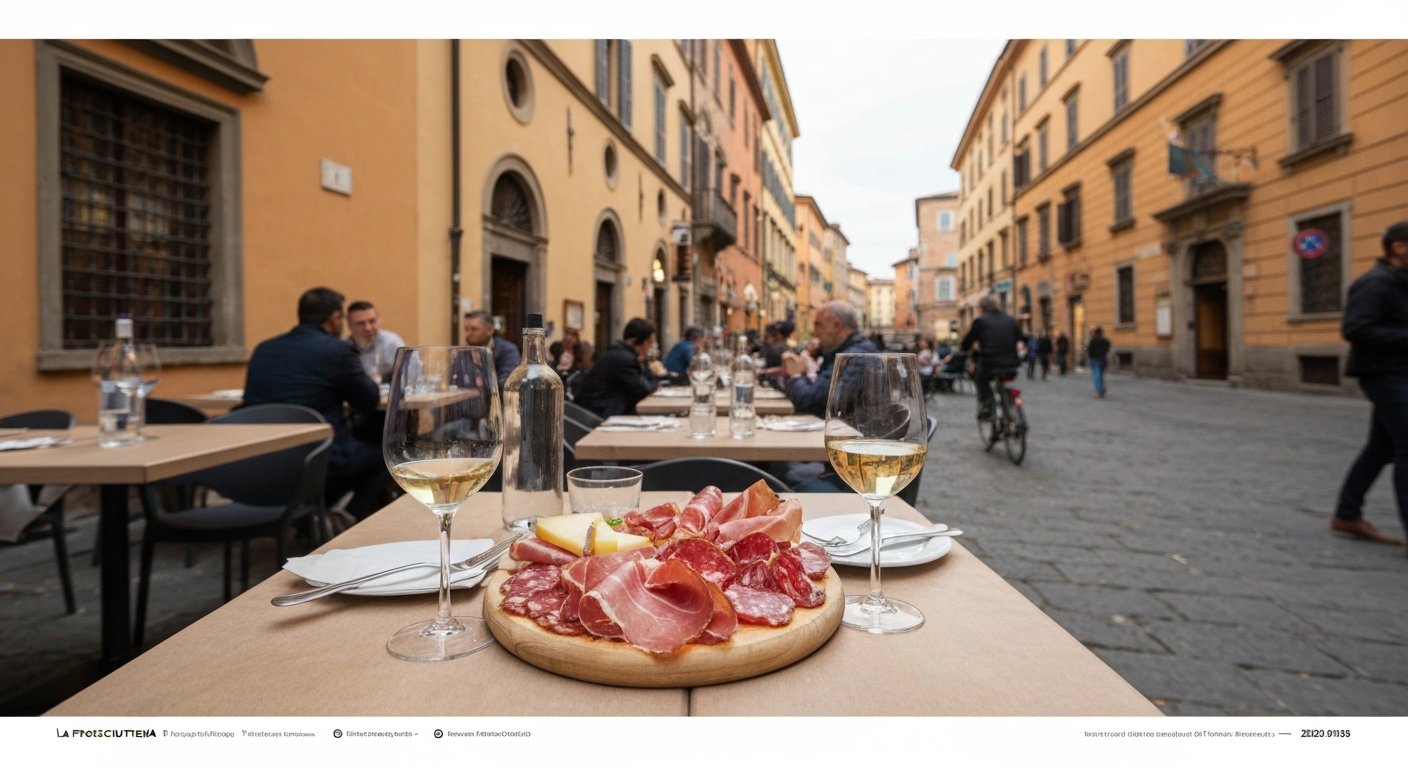 charcuteriebrettet på La Prosciutteria på Via del Pratello, spekemat og oster med glass vin på et travelt aperitivo-bord