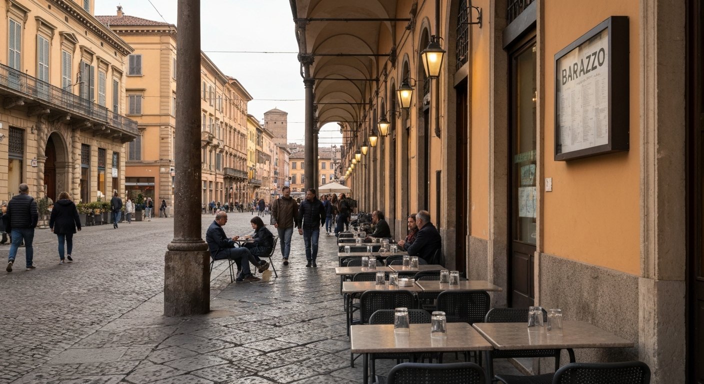 fortausbord på Barazzo på Via del Pratello i vårkveldslys, glass på bordene og folk som ser på fra fortauskanten under portikoene